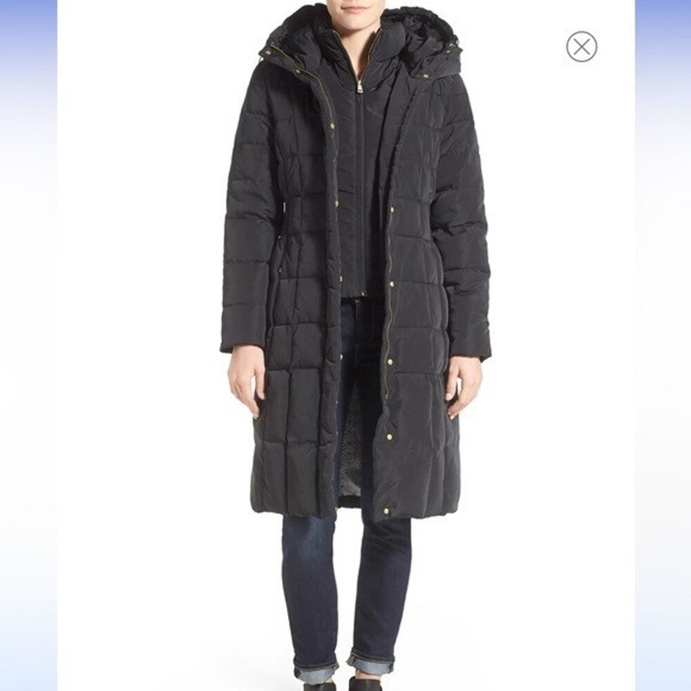 COLE HAAN Signature long line Women's Box-Quilt Down Coat With Bib Front Hood S